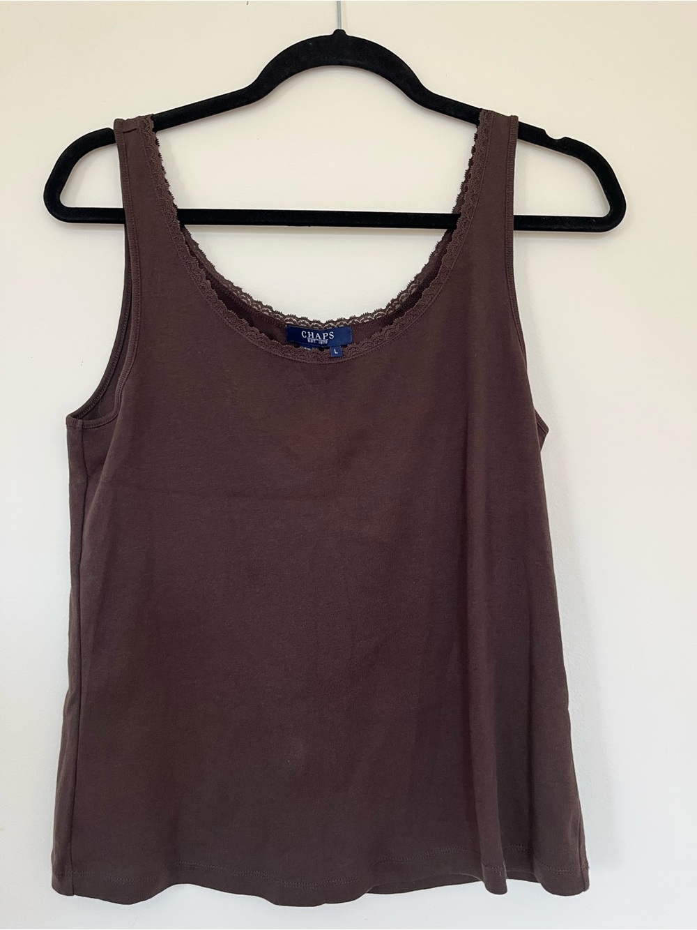 Chaps Brown Lace-Trim Cotton Tank Top large